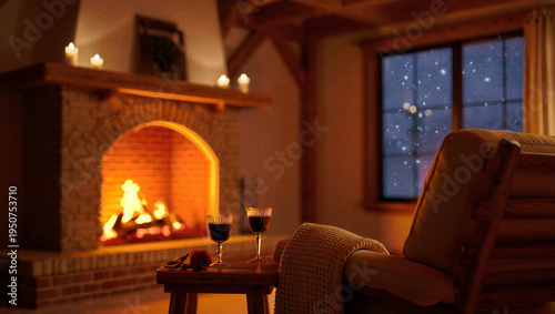 Cozy interior with warm fireplace glowing candles and comfortable seating by window showing starry night sky for relaxation and home comfort concept