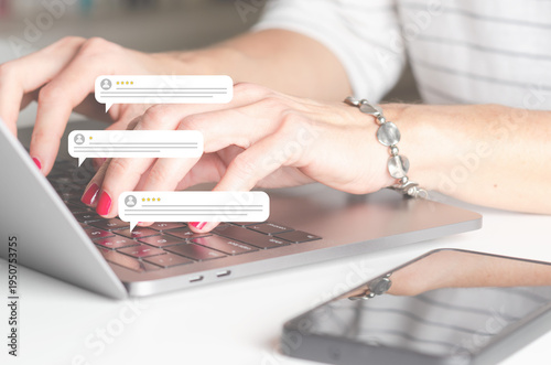 Customer rating and online review management shown on laptop with star ratings, feedback icons, and digital marketing concept for SEO visibility. Female hands typing on a laptop. 