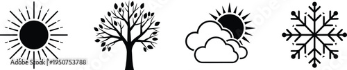 Four distinct icons representing seasonal changes including the sun, a tree, clouds and a snowflake Vector