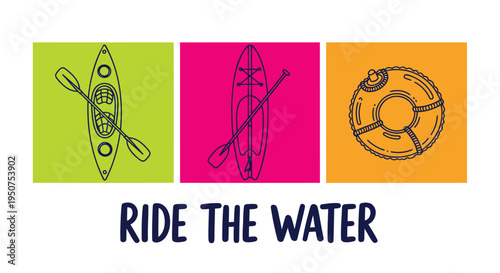 Set of 3 water sports icons vector, kayak, canoe, life preserver