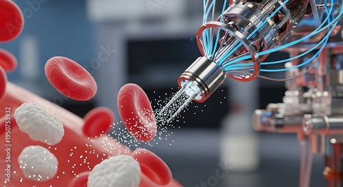 Futuristic medical device interacting with blood cells, showcasing scientific innovation