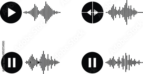 A collection of black icons featuring media playback controls combined with audio sound waves Vector
