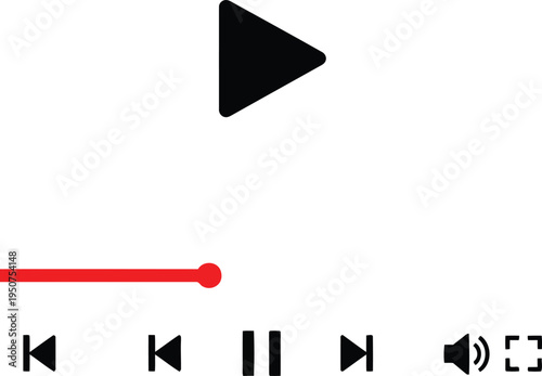 A digital media player interface featuring a large play button and standard playback control icons Vector