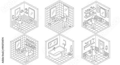 Set of 6 isometric house interior vector illustrations