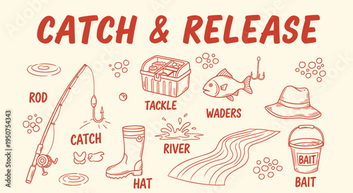 Set of 13 fishing icons vector, catch and release theme