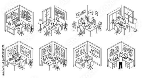 Set of 7 office isometric illustrations vector