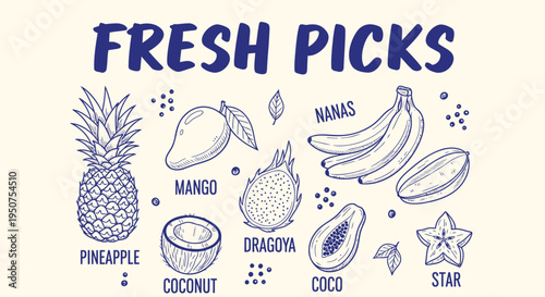 Set of 8 tropical fruit icons vector, blue illustrations