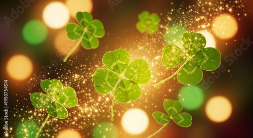 Several four-leaf clovers float magically against a dark background illuminated by warm, sparkling bokeh lights suggesting luck and fortune.