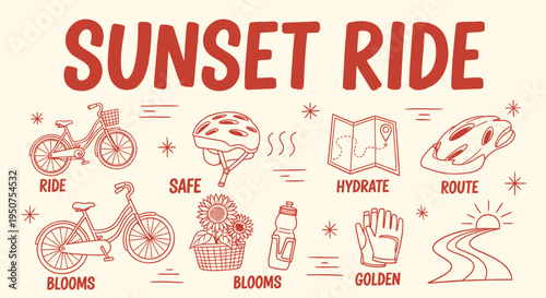 Set of 11 cycling icons vector, sunset theme