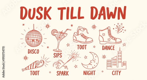 Set of 10 nightlife icons vector, Dusk Till Dawn theme