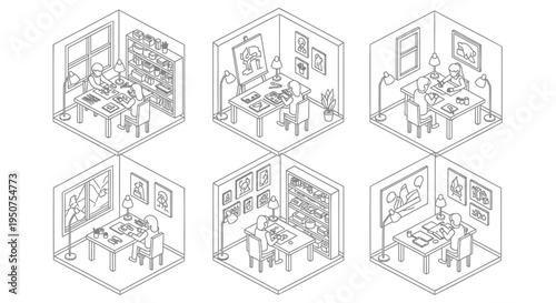 Set of 6 isometric office workspace vector illustrations