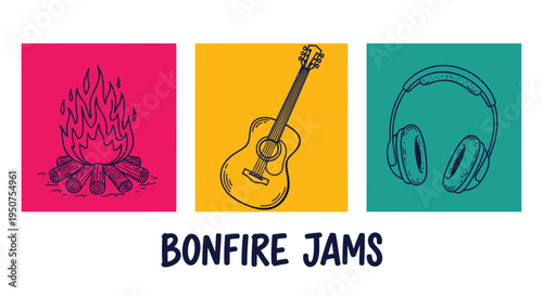 Set of 3 camping icons vector, bonfire, guitar, headphones
