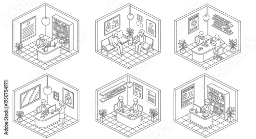 Set of 6 isometric living room vector illustrations