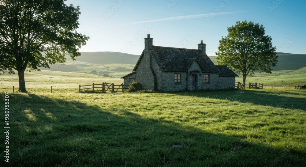 Obraz premium Stone cottage with chimney sits in a sunlit field, morning mist rolling over green hills