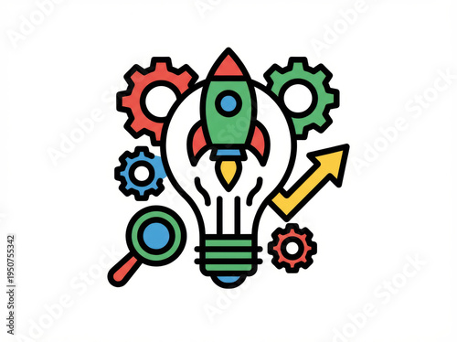 Rocket innovation concept product creation symbols lightbulb launch idea development success growth strategy modern flat design Idea creation and innovative product launching concept