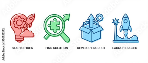 Rocket startup idea innovative concept product symbols creation process illustration Idea creation and innovative product launching concept