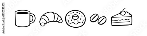 Minimalist black and white hand-drawn doodle icons of coffee, croissant, donut, coffee beans, and cake slice. Perfect for cafe menus, bakery branding, and food illustrations.