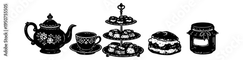 Black and white linocut style illustration of an afternoon tea set including a teapot, teacup, tiered cake stand with pastries, a scone, and a jar of jam. Vintage hand-drawn graphic.