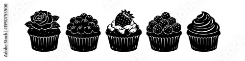 Set of five black and white cupcake illustrations with various toppings like rose, berries, and strawberry. Minimalist graphic style for bakery logos, menu icons, and decorative food design.