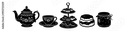 Hand-drawn black silhouette set of traditional afternoon tea elements, including a teapot, floral teacup, tiered cake stand, pastries, and jam jar on a white background.