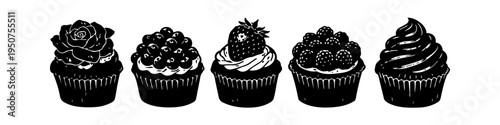 Set of five black and white cupcake illustrations featuring toppings like a rose, strawberry, berries, and swirled frosting. Minimalist hand-drawn style ideal for bakery branding and menus.