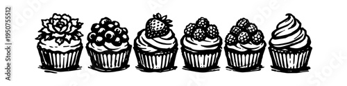 Set of six hand-drawn cupcake illustrations with various toppings like berries, a strawberry, and a succulent, in a rustic ink sketch style, isolated on a white background.