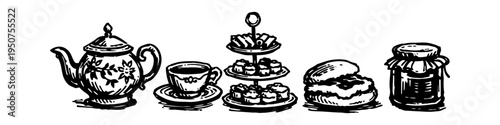 Hand-drawn vintage style illustration of an afternoon tea set with teapot, cup, tiered cake stand, scone, and jam jar. Elegant black and white line art for cafe and tea party designs.