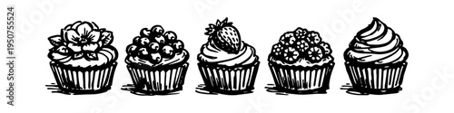 Hand-drawn set of five cupcakes in black and white ink sketch style. Features toppings like a rose, strawberry, and blueberries. Ideal for bakery branding, menus, and coloring book designs.