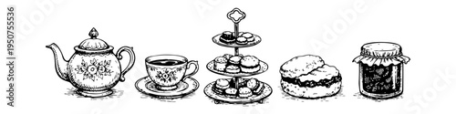 Vintage hand-drawn engraving style illustration of an afternoon tea set including a teapot, teacup, tiered cake stand, scone, and jam jar on a white background.