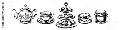 Vintage hand-drawn sketch of a traditional English afternoon tea set with a floral teapot, teacup, tiered cake stand, scone, and jam jar. Elegant monochrome ink illustration on white background.