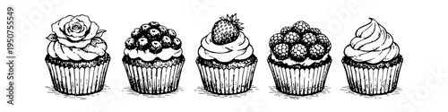 Vintage-style hand-drawn ink sketch set of five various cupcakes with frosting, berries, and a rose. Isolated black and white illustration of sweet desserts for bakery design and menus.