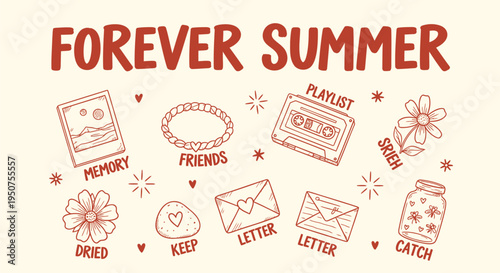 Set of 13 summer icons vector, Forever Summer theme