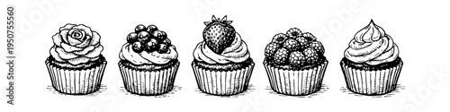 Set of five hand-drawn cupcake sketches with various toppings like strawberries, raspberries, and cream. Vintage black and white ink illustration isolated on a white background.