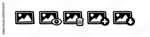 Set of hand-drawn image management icons including view, delete, add, and download symbols in a sketchy black ink style on a white background.