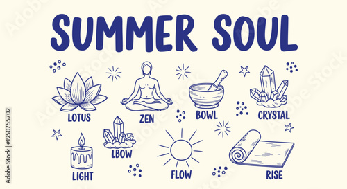 Set of 8 summer soul icons vector, meditation and wellness symbols