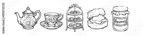 Elegant hand-drawn line art collection of afternoon tea essentials including a vintage teapot, floral teacup, tiered cake stand with sweets, a scone with cream, and a jar of preserves.