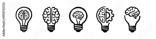 Set of hand-drawn light bulb and brain icons representing creativity, innovation, and logic. Vector doodle sketches for brainstorming, education, and problem-solving concepts on white background.