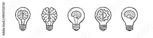 Set of hand-drawn light bulb and brain icons representing innovation, creative thinking, logic, and brainstorming. Sketch style concept for ideas, psychology, and engineering.