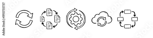 Hand-drawn business process icons featuring synchronization, document workflow, automation gear, and cloud sync. Minimalist doodle style vector set for technology and management concepts.