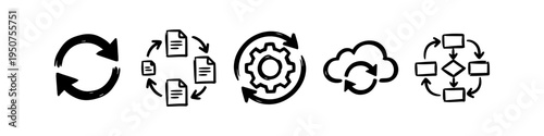 Set of hand-drawn black icons representing workflow, process automation, cloud synchronization, and document management on a white background.