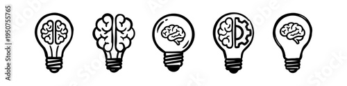 Set of hand-drawn light bulb and brain icons representing creativity, innovation, and brainstorming. Minimalist black doodle style vector illustration for business and education concepts.