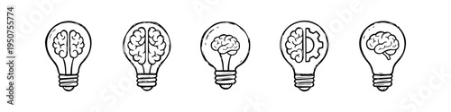 A set of five hand-drawn lightbulb icons containing brain and gear symbols, representing creative thinking, innovation, and technical problem-solving on a white background.