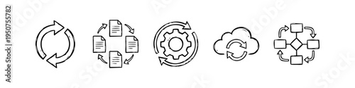 Hand-drawn sketch icons for business workflow, cloud synchronization, data processing, and document management. Minimalist doodle set representing automation and technology cycle concepts.