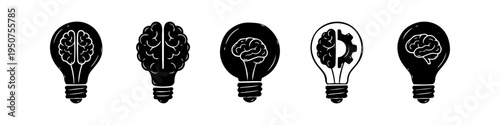 Set of creative icons featuring lightbulbs and brains, symbolizing innovation, brainstorming, logic, and technical ideas in a minimalist black and white vector style.