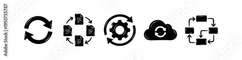 Hand-drawn set of synchronization and workflow icons in a doodle style, featuring cloud sync, document exchange, gear automation, and process cycles on a white background.