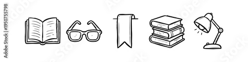 Minimalist hand-drawn icons of an open book, glasses, bookmark, stack of books, and desk lamp. Perfect for education, study, and reading themes.