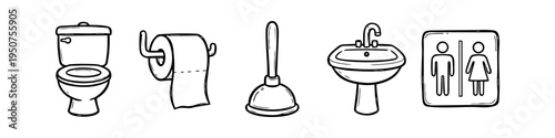 Set of hand-drawn bathroom and restroom icons featuring a toilet, toilet paper, plunger, sink, and gender signs. Minimalist black and white doodle style for plumbing and hygiene concepts.