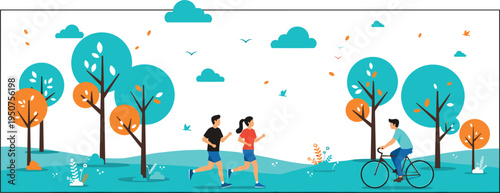Flat vector illustration of people jogging and cycling in a public park with teal trees and autumn leaves, 18 words.