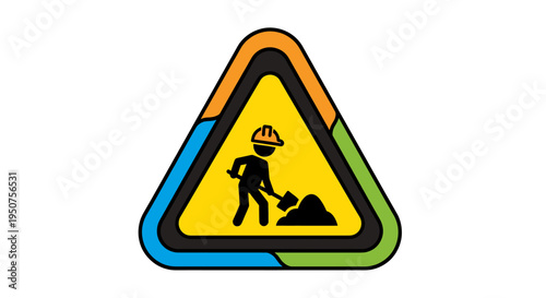 Triangular Construction Warning Sign with Worker Silhouette in Yellow and Multicolored Border Illustration