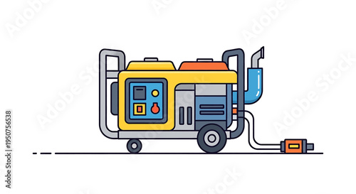 Vibrant flat vector illustration featuring a portable construction generator with yellow top, blue panel, gray wheels, handle, and orange plug on white background